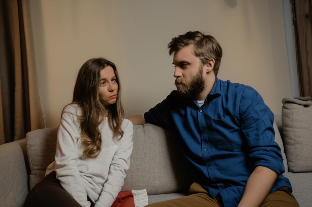 A couple sitting on a couch looking at each other with a slightly sad expression, soft lighting, realistic style