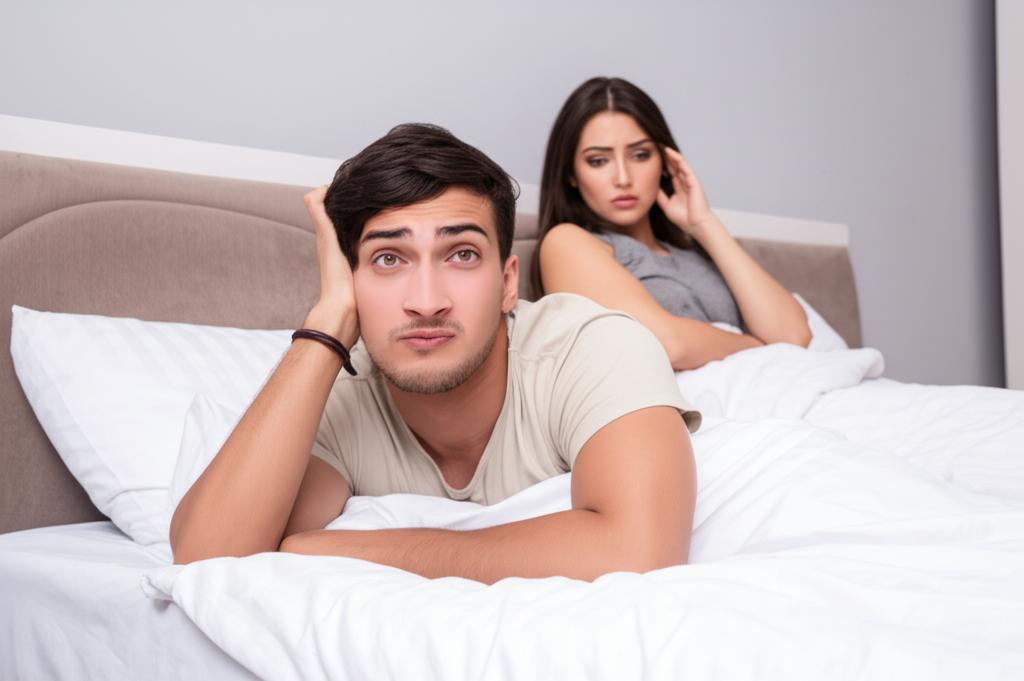 A man looking stressed and tired while his partner looks disappointed in bed, photorealistic.