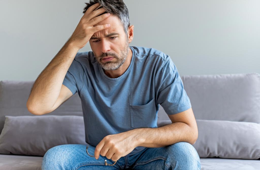 A tired man in his 40s sitting on the couch, looking stressed and fatigued, with a concerned expression.