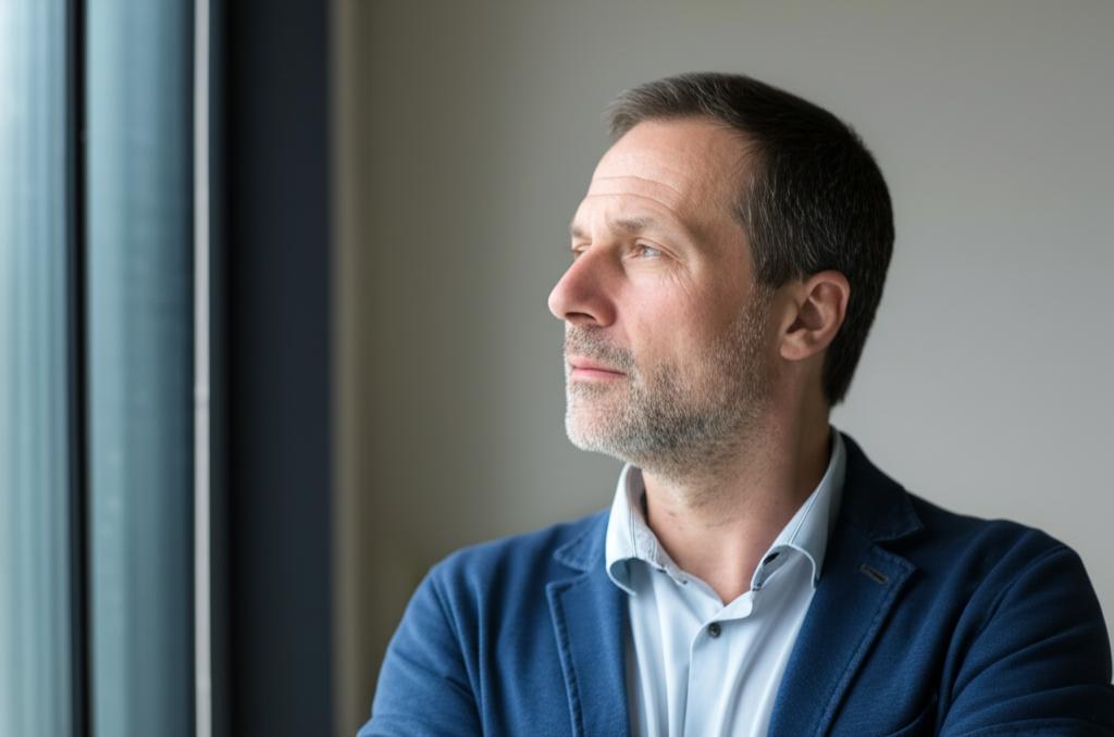 A man in his late 30s or early 40s looking thoughtfully out a window, depicting a sense of introspection or concern about vitality, soft lighting, realistic photo