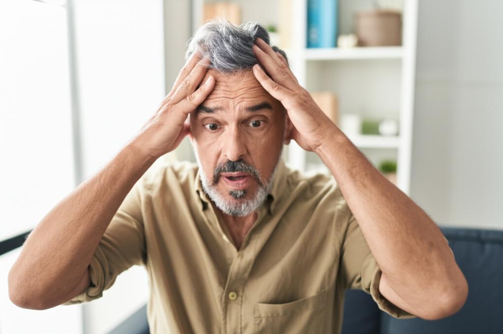 Middle-aged man looking stressed, holding his head, with blurred background suggesting work or home pressure.