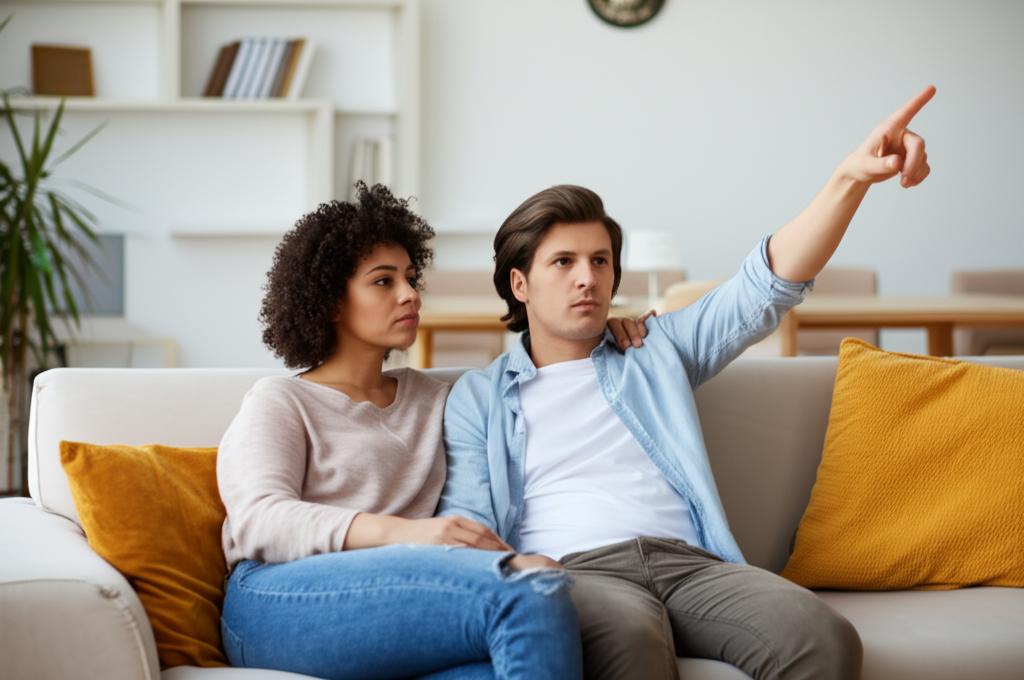 AI prompt: A couple sitting on a sofa, looking comfortable but slightly distant, perhaps watching TV without much interaction. Soft, muted colors.