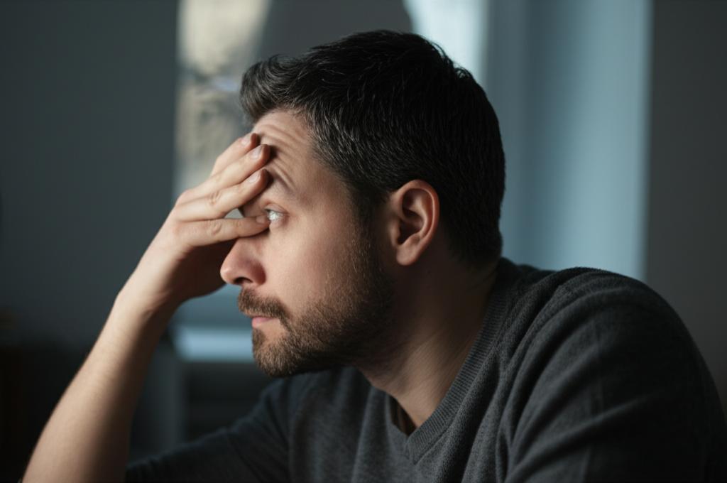 AI prompt: A man sitting alone, looking thoughtful and slightly frustrated, perhaps looking out a window, conveying a sense of silent worry about performance issues. Use soft, slightly melancholic lighting.
