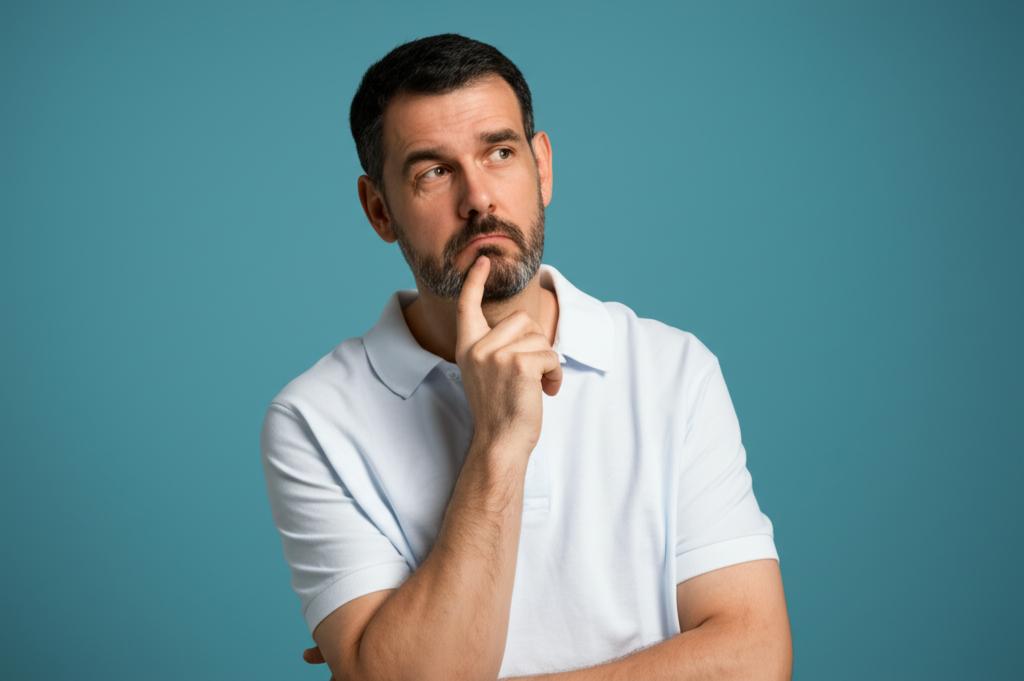A thoughtful man in his 40s looking slightly tired, contemplating his energy levels.