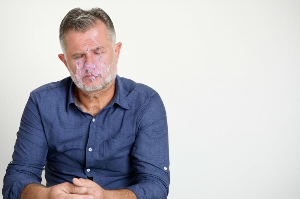 A thoughtful middle-aged man sitting alone, appearing concerned or reflective about personal challenges.