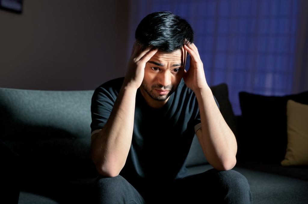A man sitting alone in a dimly lit room, looking stressed and holding his head in his hands, conveying feelings of frustration and isolation regarding performance issues.