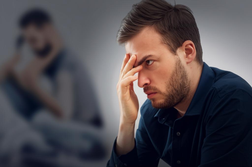 A man looking stressed and thoughtful, sitting alone, with blurred intimate moments in the background, illustrating feelings of failure and distance in a relationship, cinematic lighting, realistic style