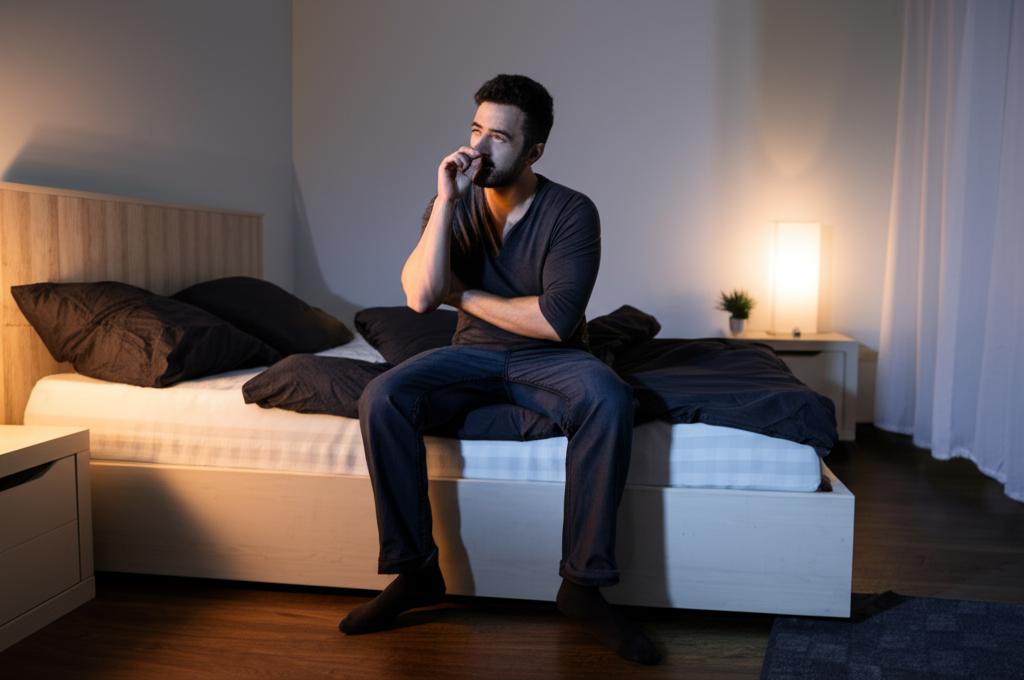 A man sitting on the edge of his bed in the morning, looking tired and rubbing his eyes, with a dim room background, realistic photo