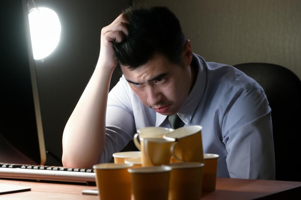 A tired office worker in Thailand looking at a computer screen, head resting on hand, surrounded by coffee cups. Dim lighting, feeling of exhaustion.