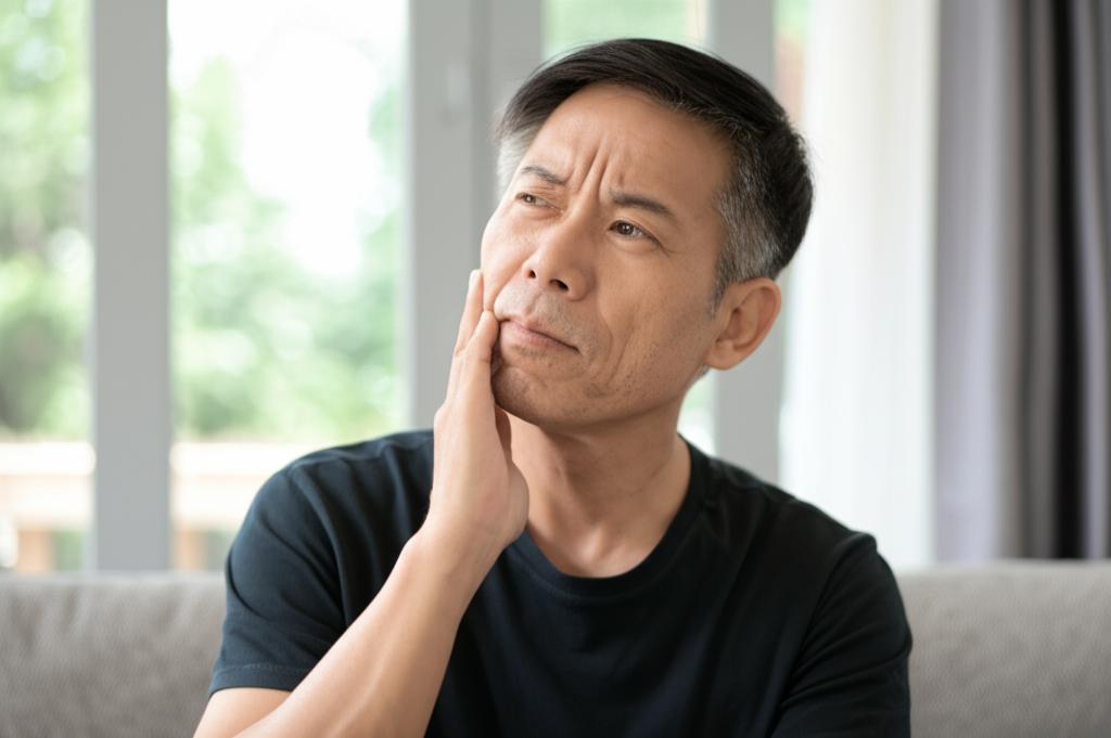 Middle-aged Asian man looking thoughtful or slightly worried, sitting alone at home, contemplating changes in his life