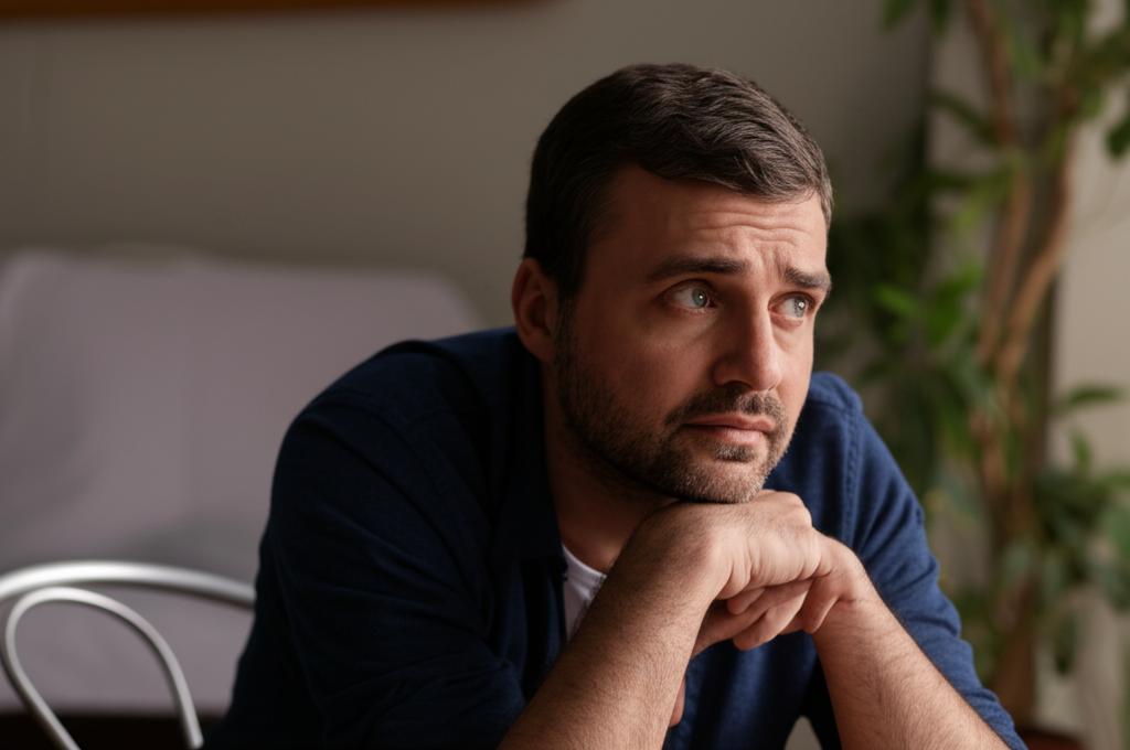 AI prompt: realistic photo of a man in his late 30s or early 40s looking thoughtful and slightly concerned, sitting alone, conveying a sense of quiet worry or pressure, soft lighting, natural setting
