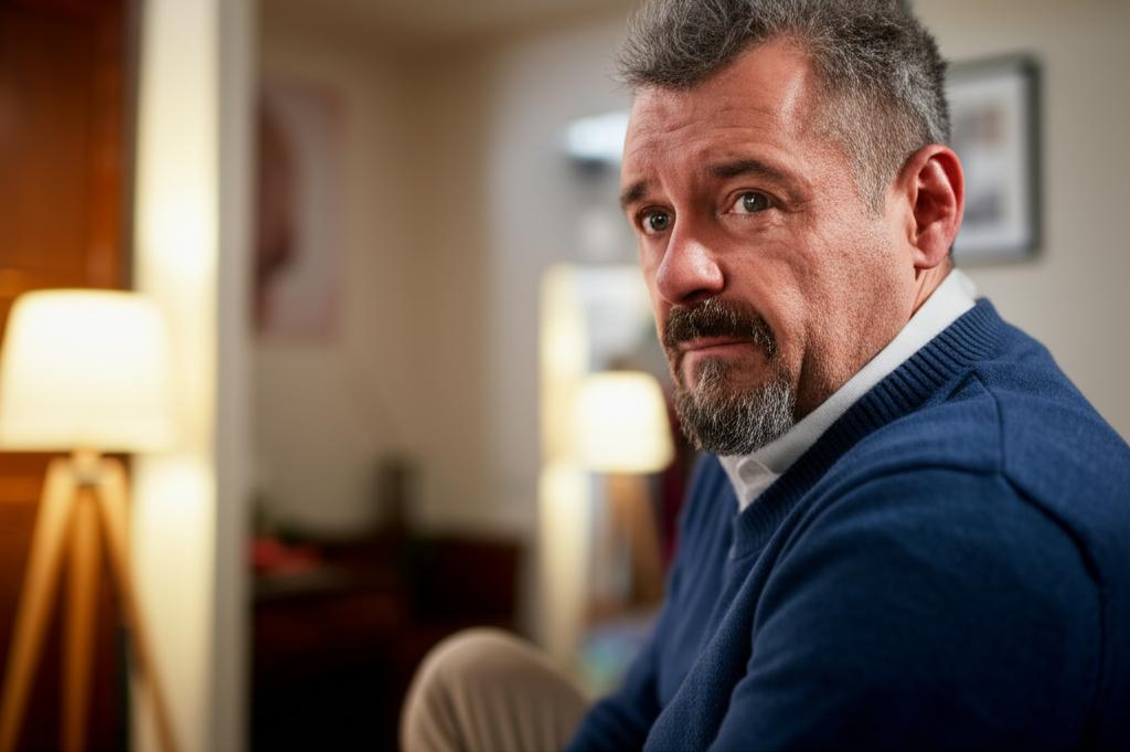 A middle-aged man sitting alone, looking pensive and slightly anxious, with a blurred background suggesting a home environment. Soft, warm lighting.
