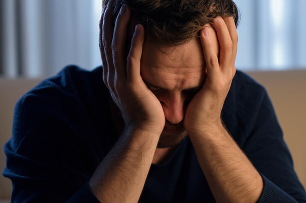 AI prompt: A man sitting alone looking stressed, with hands covering his face, in a dimly lit room, representing the burden of stress and its impact