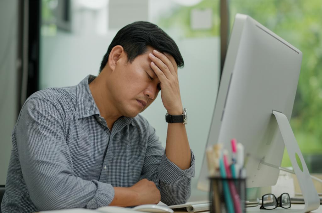 Mid-aged man looking tired and stressed, sitting at a desk in a modern office, Thailand.