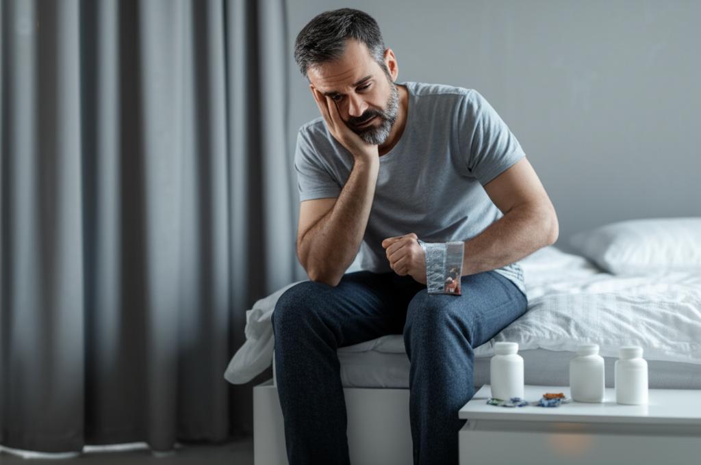Worried middle-aged man sitting on the edge of the bed, looking disappointed, next to supplement bottles.