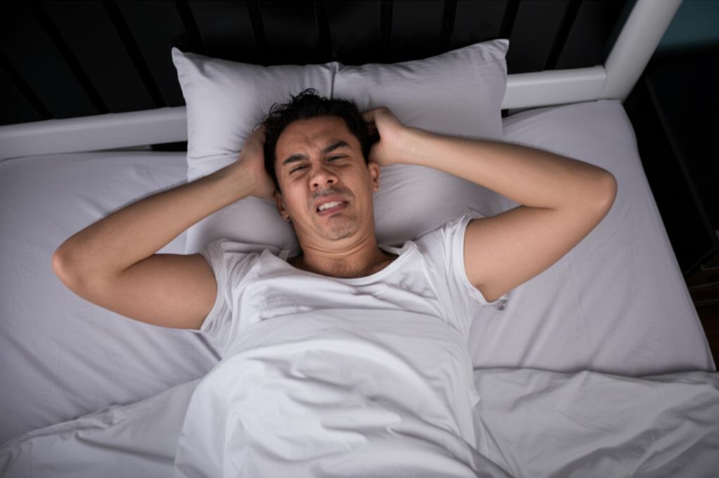 Image of a person tossing and turning in bed, looking frustrated, photorealistic style
