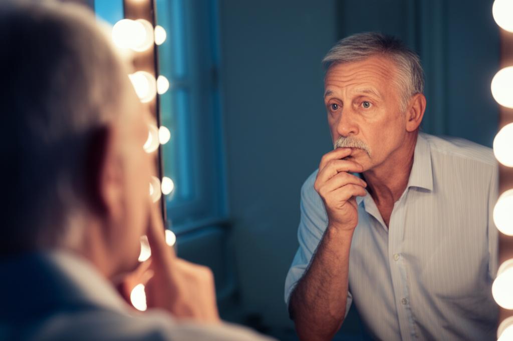 a mature man looking thoughtfully at his reflection in a mirror, concerned expression, dimly lit room