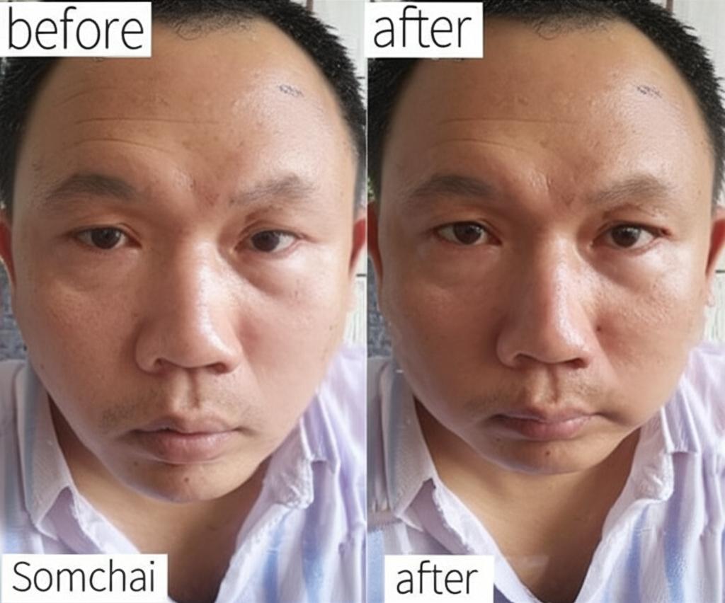 A before-and-after photo of Somchai, showing him looking tired and stressed in the 