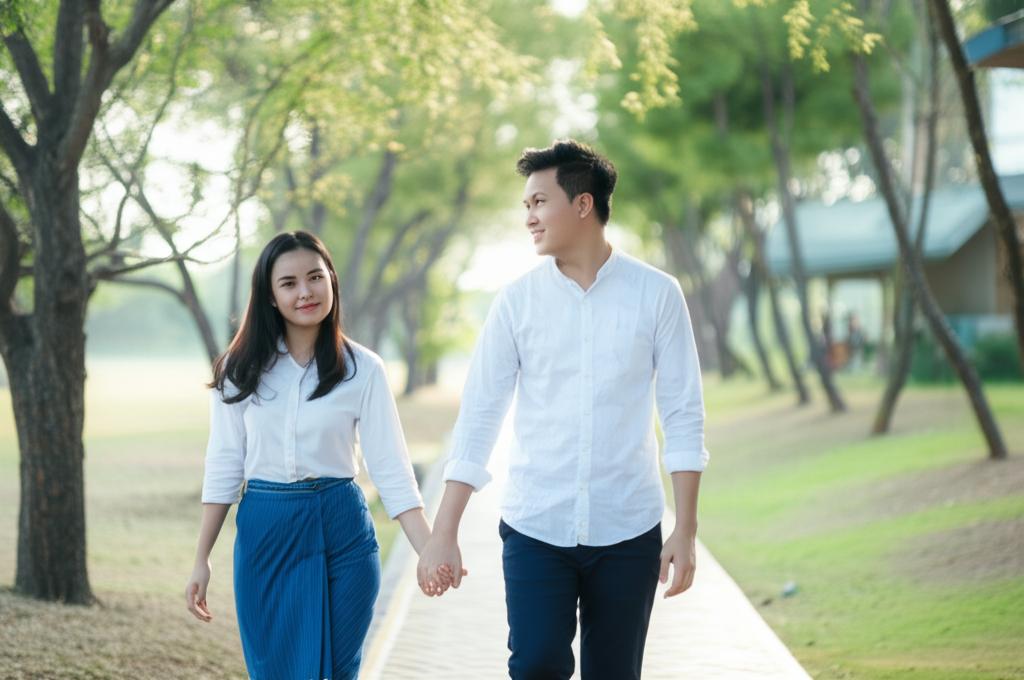 A happy Thai couple holding hands and smiling at each other in a park, warm sunlight, soft focus, lifestyle photography.