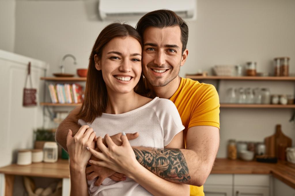 A smiling couple hugging each other in a kitchen, warm lighting, happy expression, realistic style