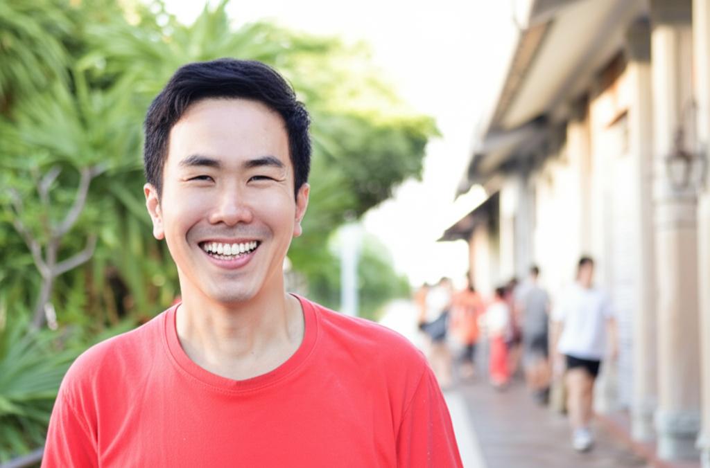 AI prompt: A man smiling confidently, looking energetic and happy, perhaps walking outdoors in Thailand. Bright, positive colors.