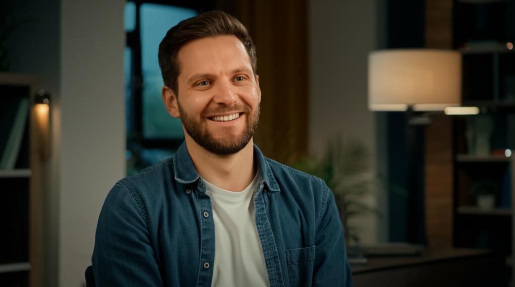 AI prompt: A man smiling confidently, looking energetic and happy, perhaps in a relaxed home environment, representing renewed vitality and confidence. Use warm, positive lighting.