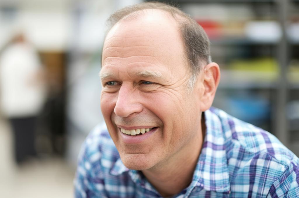 A smiling man in his late 40s looking energetic and active, perhaps playing with family or engaging in a hobby.