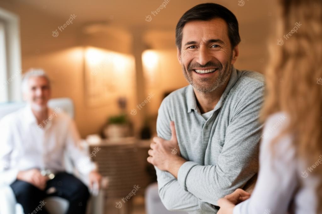 A man smiling confidently, perhaps with a partner, in a warm, inviting setting, illustrating renewed vitality and connection.