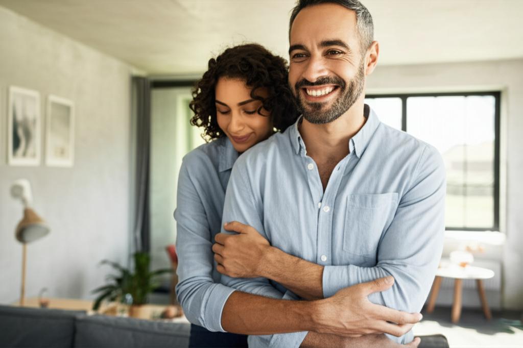 A man smiling confidently while embracing his partner affectionately, warm lighting, comfortable home setting, illustrating renewed intimacy and connection, realistic photo style