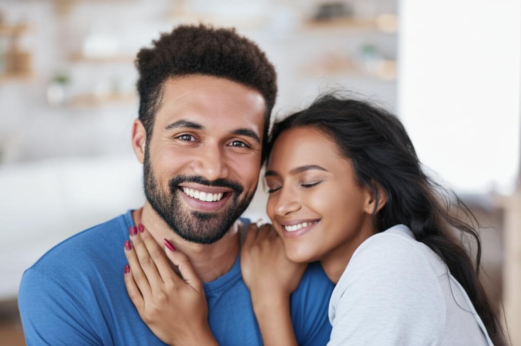 Man smiling confidently and embracing partner, representing restored intimacy and happiness