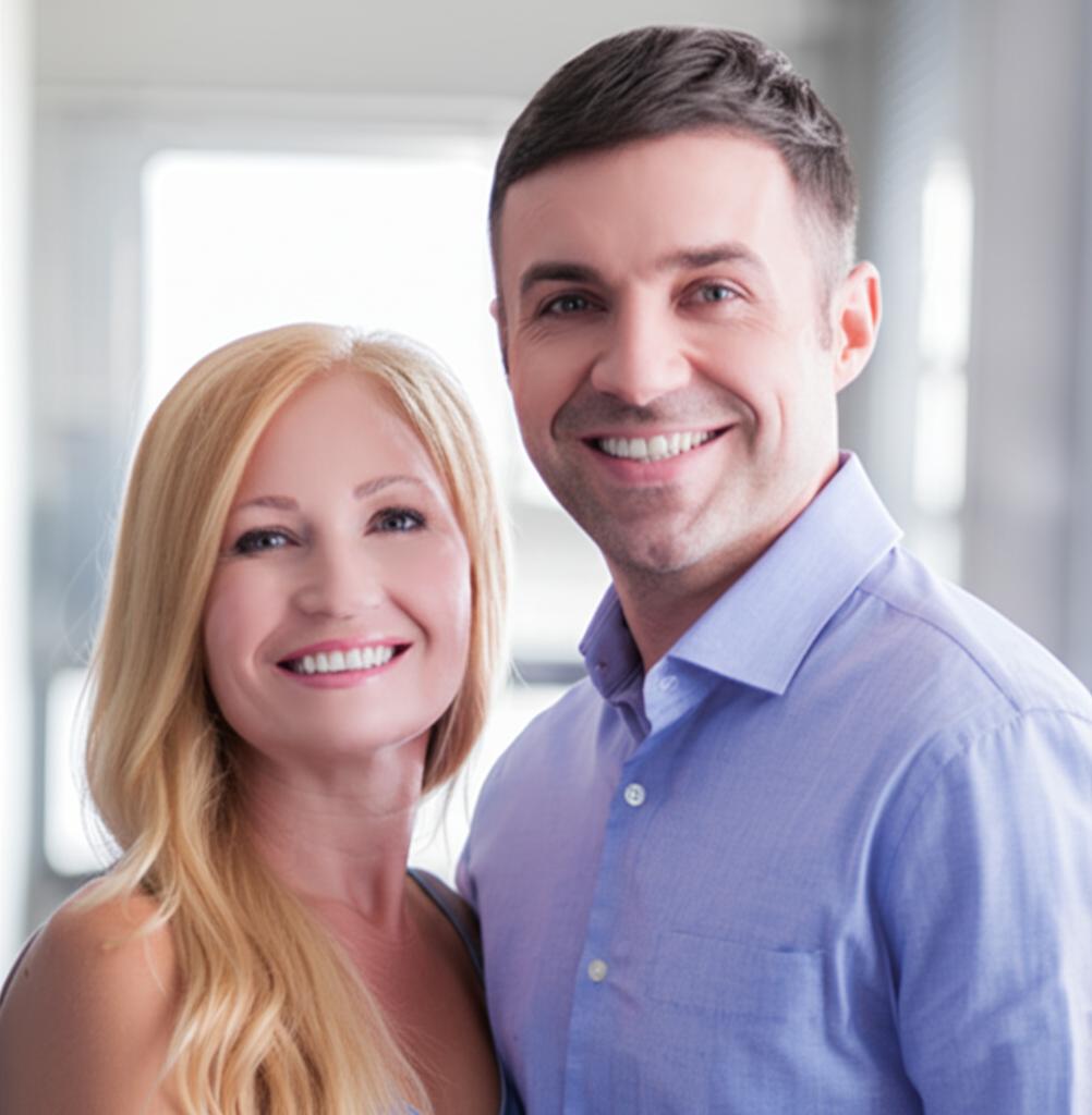 A man smiling confidently while holding his partner