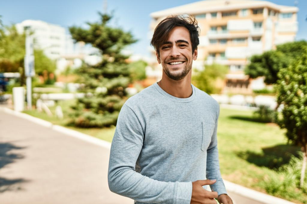 A young man with a confident smile, walking briskly outdoors in a sunny city park, looking energetic and happy.