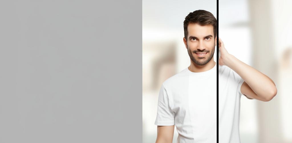 Split image showing a man looking tired and frustrated on one side, and the same man looking confident and smiling on the other side, with a subtle background suggesting intimacy