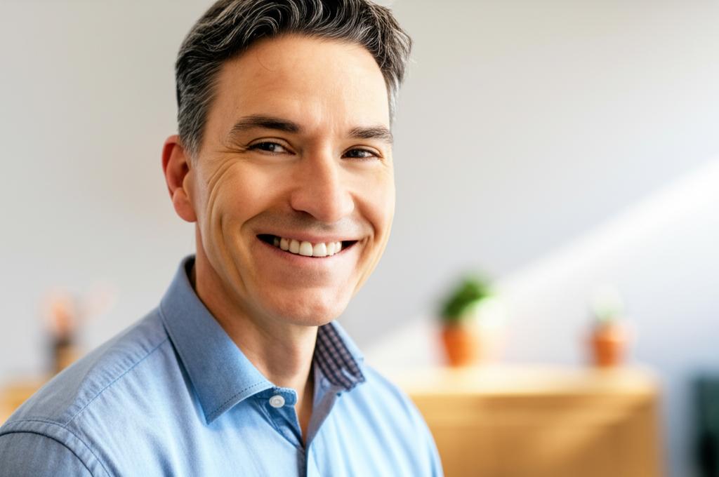 AI prompt: realistic photo of a man in his mid-40s smiling confidently and looking energetic, perhaps in a home or relaxed setting, conveying a sense of regained vitality and happiness