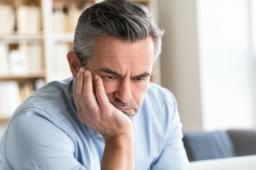 A man in his early 50s looking stressed and tired, perhaps sitting at a desk or on a sofa.