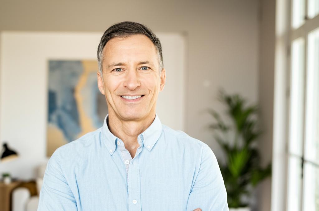 AI prompt: A man smiling genuinely, looking relaxed and confident, in a comfortable home environment, suggesting restored vitality and well-being