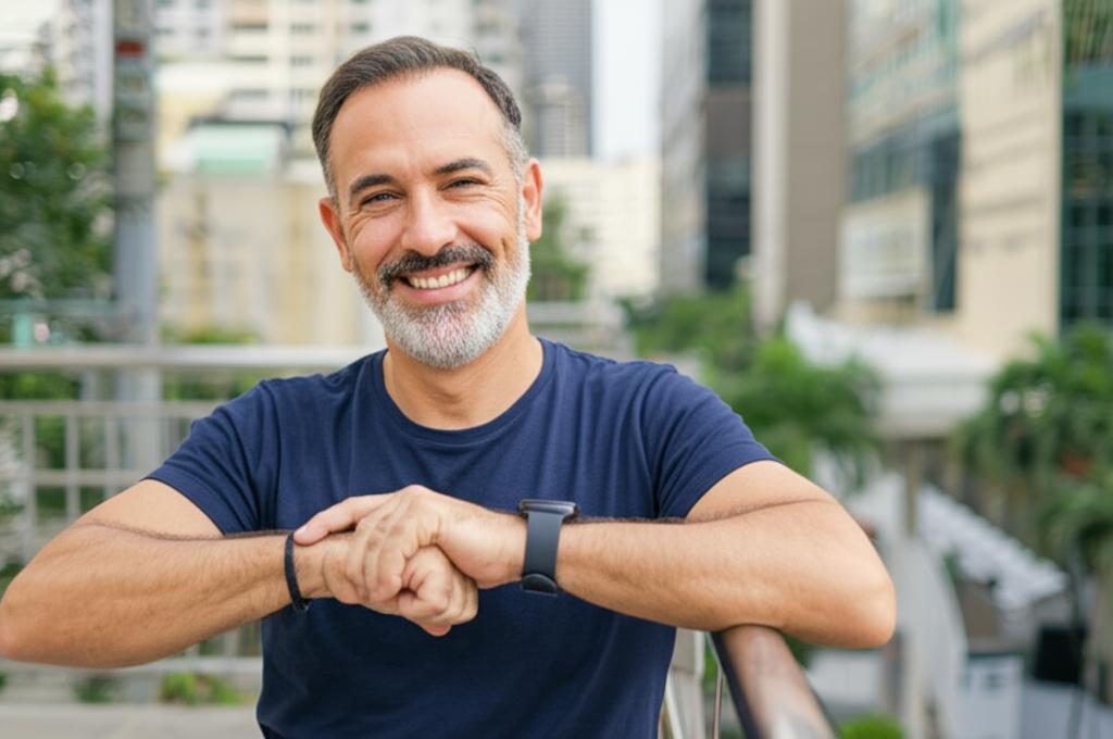 Smiling, confident middle-aged man in Bangkok, Thailand, looking energetic and healthy.