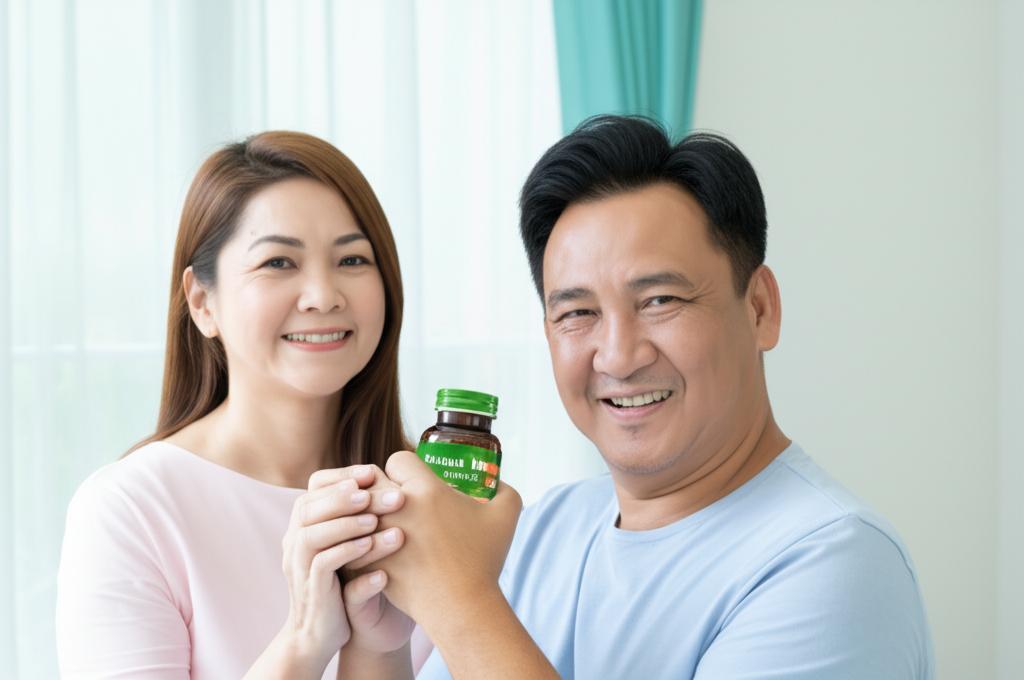 Smiling middle-aged Thai couple holding hands, looking happy and relaxed, with a bottle of Herbal Men