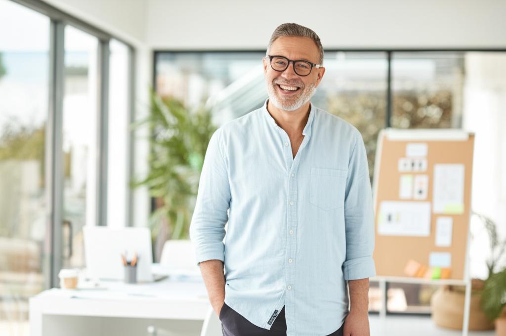 a happy and energetic man in his late 30s, smiling confidently while working on a design project in a modern office