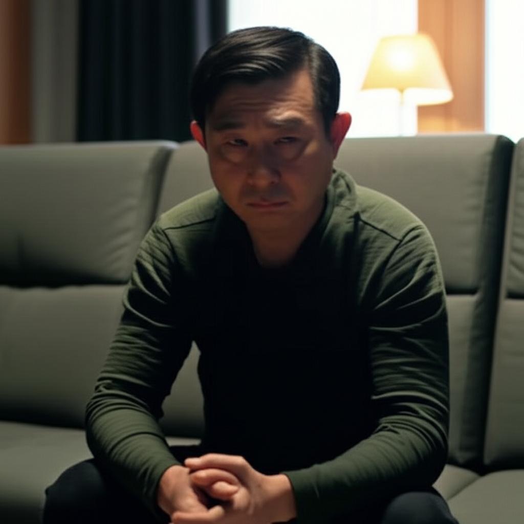 AI prompt: Realistic photo of a tired-looking middle-aged Asian man sitting on a sofa, looking stressed, with subtle hints of a domestic setting. Soft, low light.