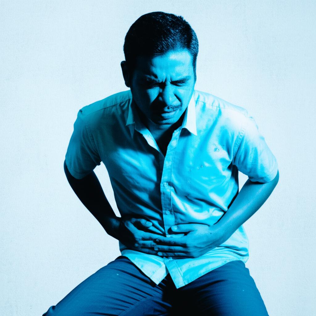 illustration of a man sitting uncomfortably, clutching his lower abdomen, with a subtle blue/cold filter and damp texture overlay