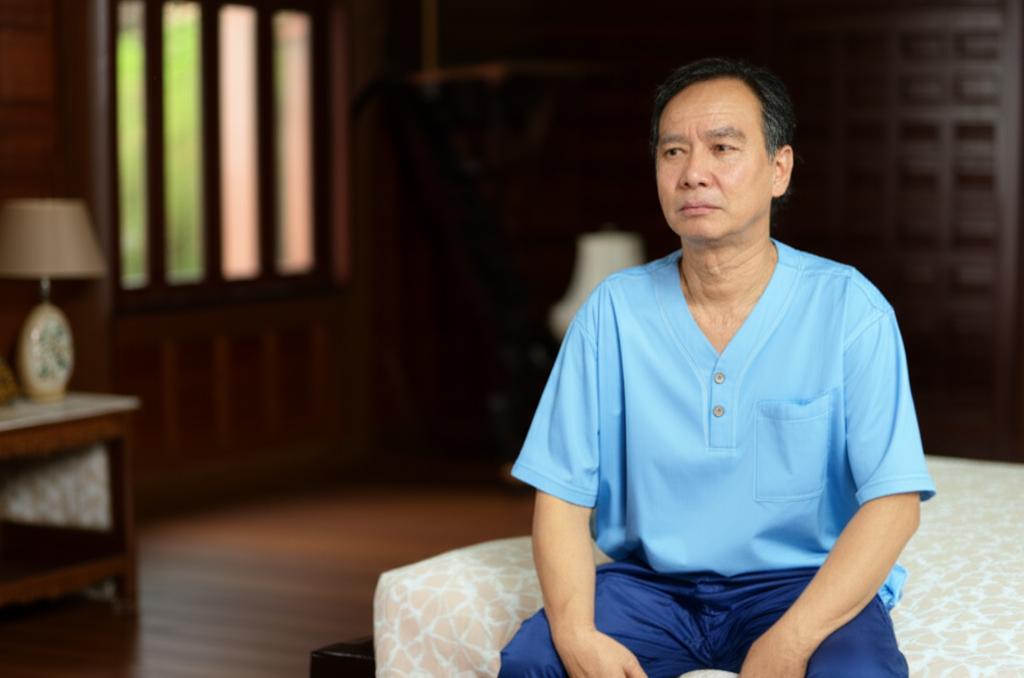 Middle-aged man in Thailand looking tired and frustrated next to a bed at night, indicating lack of sleep due to frequent urination, soft focus background of a traditional Thai home interior