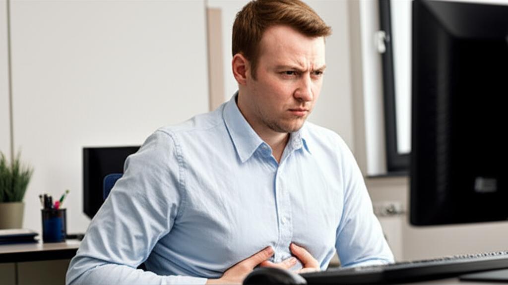 A frustrated man in an office cubicle looking at his computer screen, holding his lower abdomen, suggesting discomfort and urinary urgency.