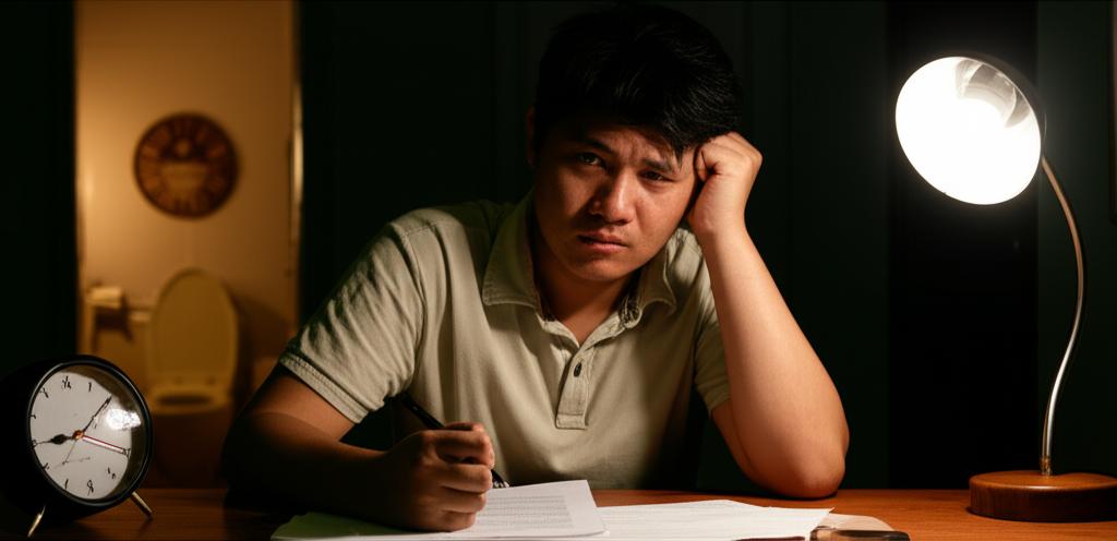 AI prompt: A tired Asian man in Thailand sitting at a desk late at night, looking frustrated, with a clock showing late hours and a silhouette of a toilet in the background, realistic style