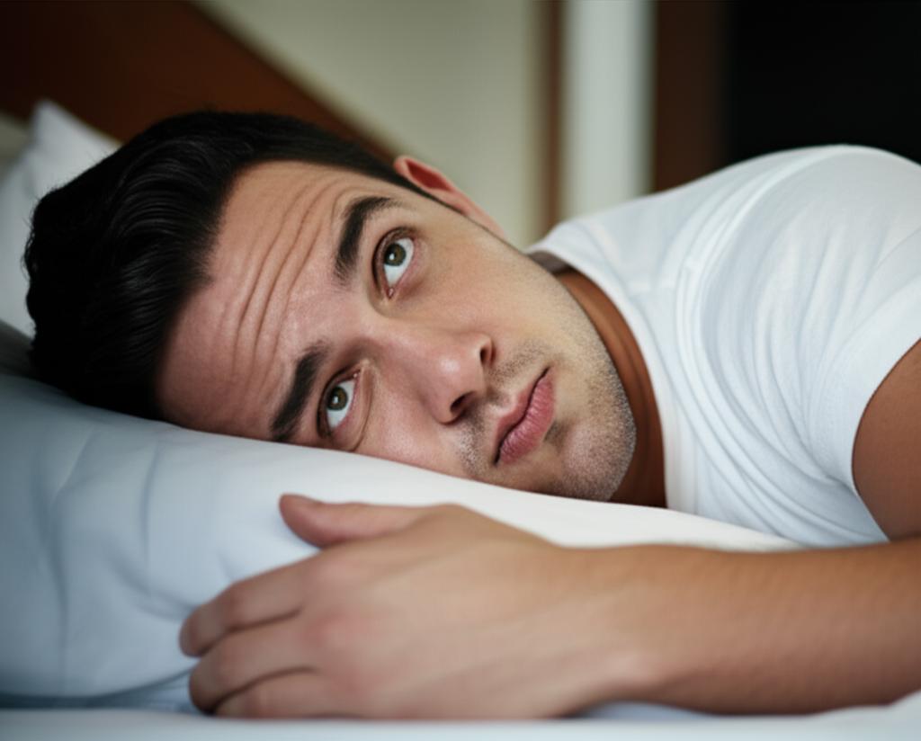 Man looking tired and stressed in bed in the morning after intimacy, worried about work, realistic photo style