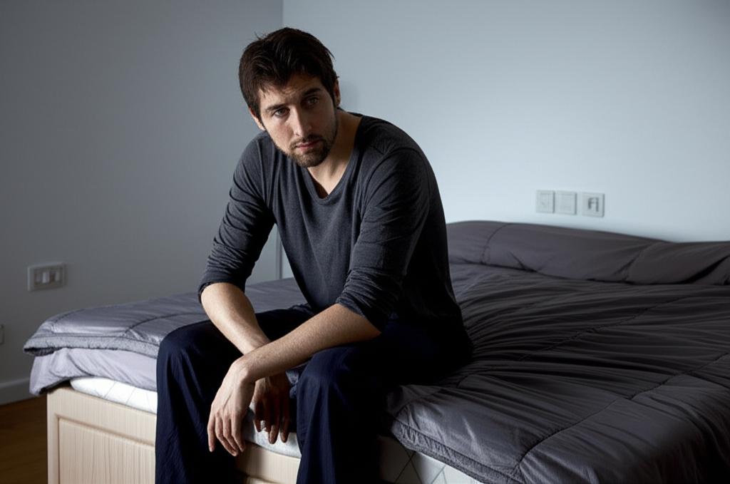 Man looking tired after intimacy, sitting on edge of bed, subtle lighting, realistic photo