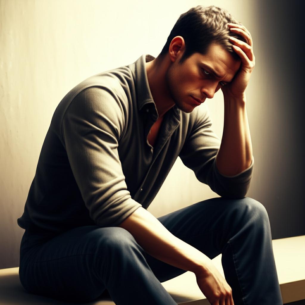 A man sitting alone, looking pensive and slightly frustrated, thinking about relationship intimacy issues, soft lighting, realistic style