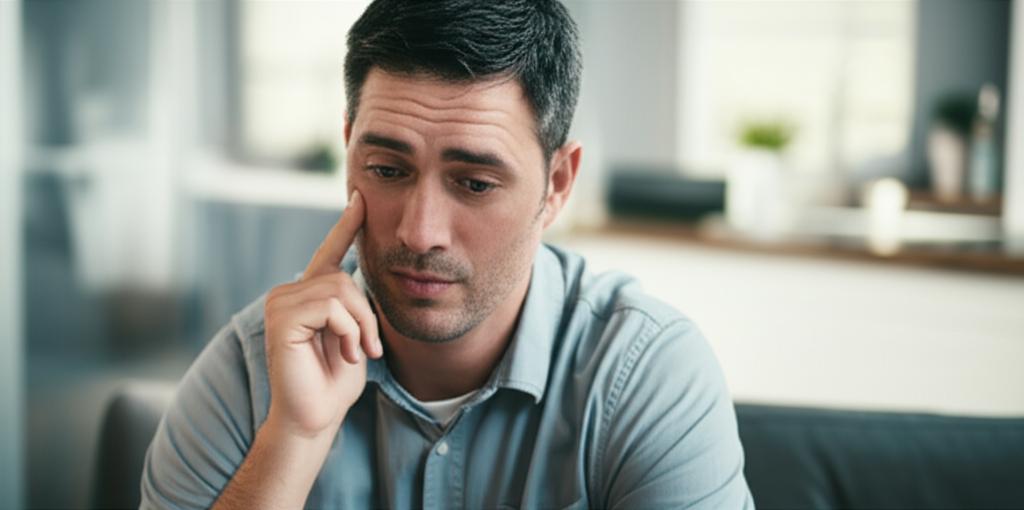 A man sitting alone, looking thoughtful and slightly stressed, with blurred background suggesting a comfortable home setting.