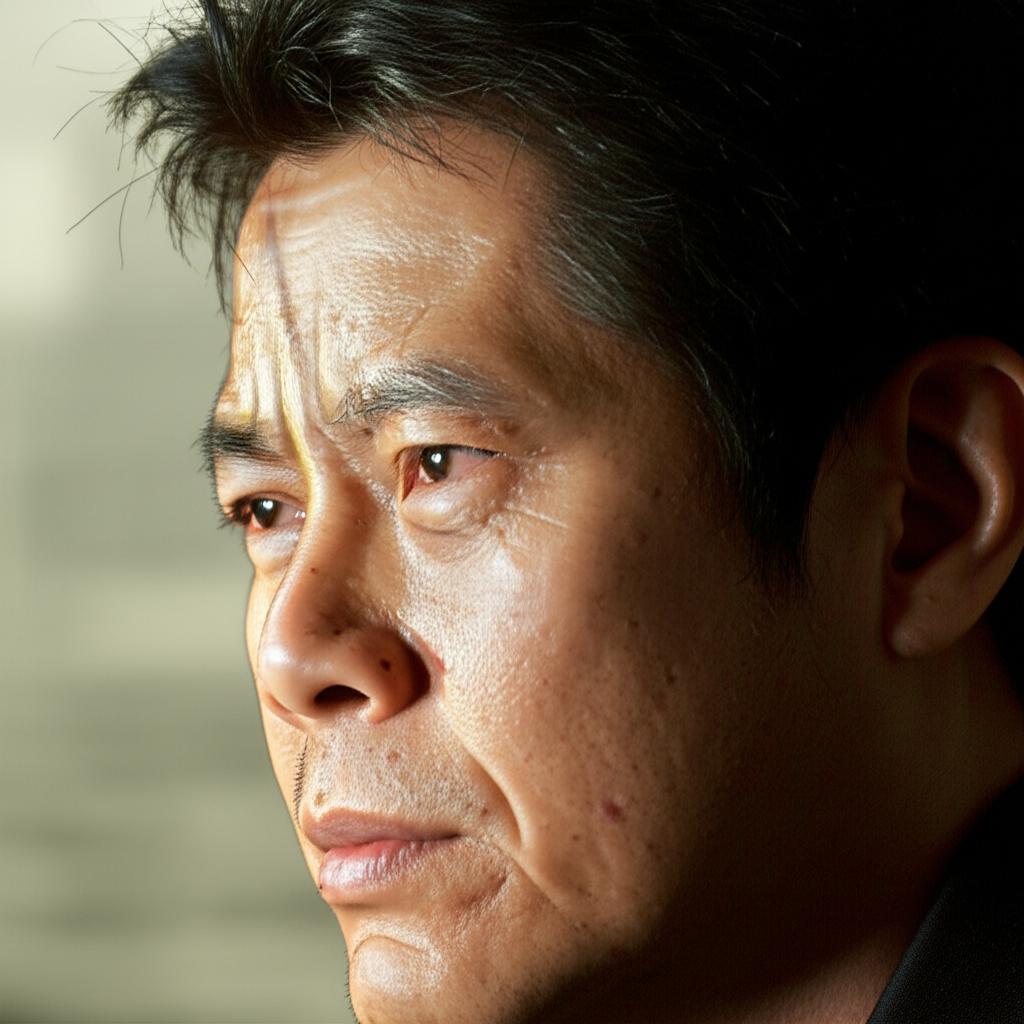 Middle-aged Asian man looking thoughtfully into the distance, feeling a sense of past vitality, cinematic.