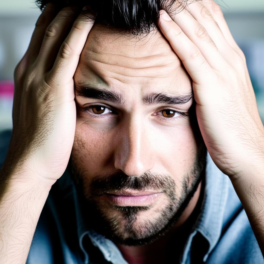 A man looking frustrated and holding his head, symbolizing the negative experience of medication side effects.